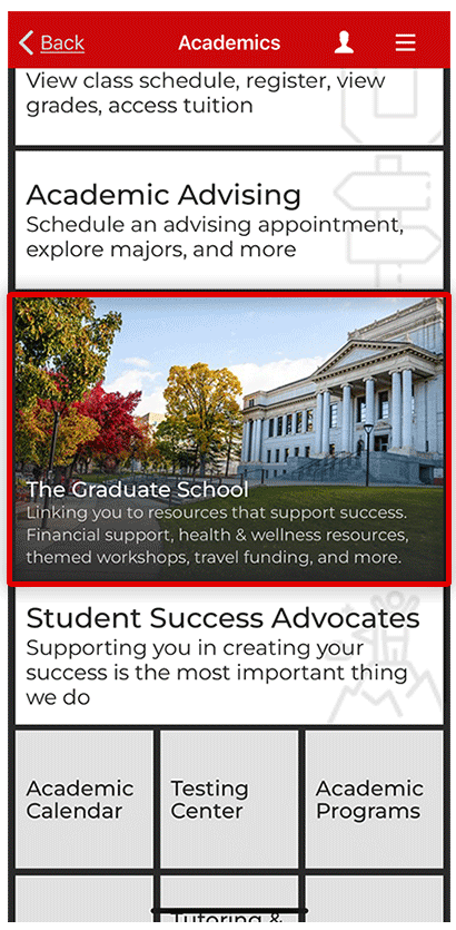 graduate school section on mobileu app